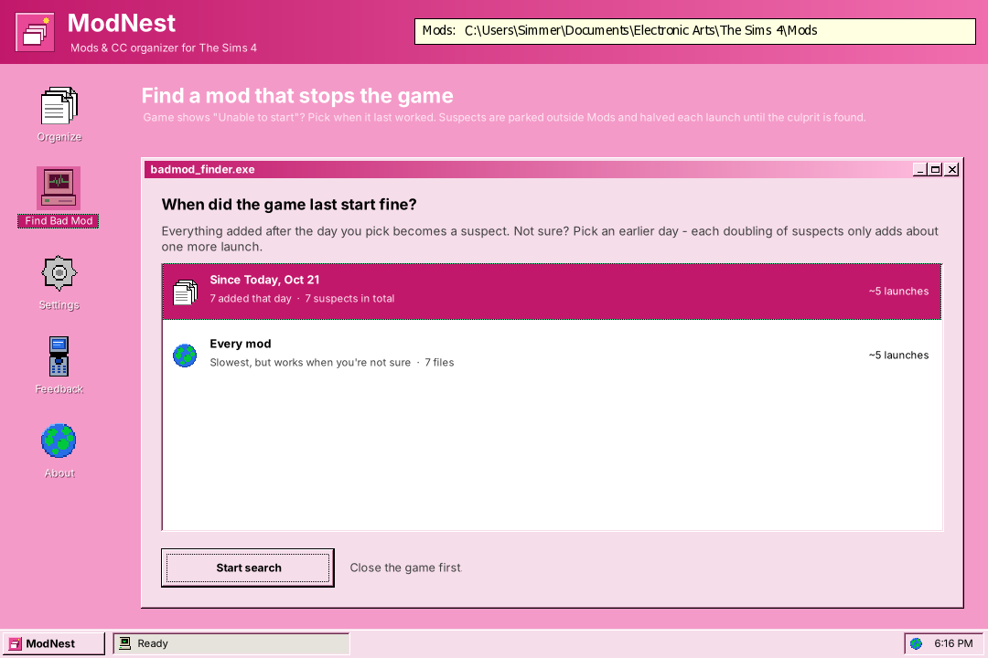 ModNest's Find Bad Mod screen asking when the game last started fine, with about 5 launches estimated