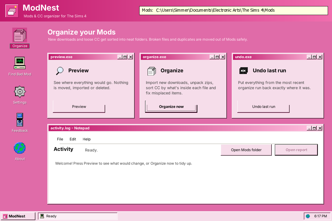 ModNest's Organize screen with Preview, Organize now and Undo last run windows and an activity log